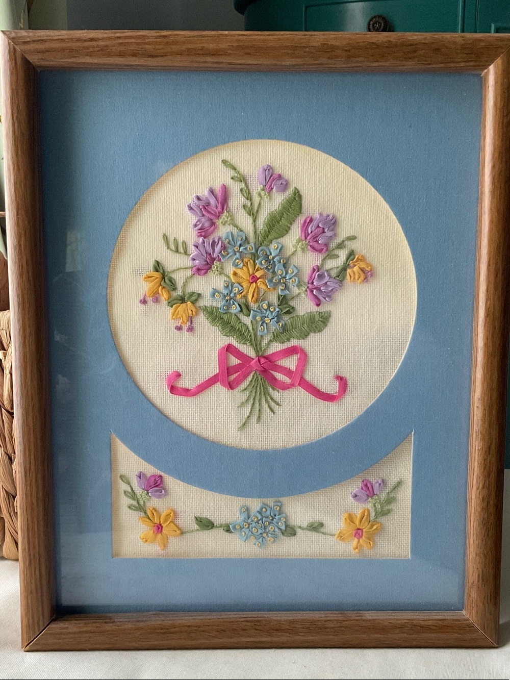 Framed Floral Ribbon Embroidery Wall Art - Pink, Purple, Yellow, Blue